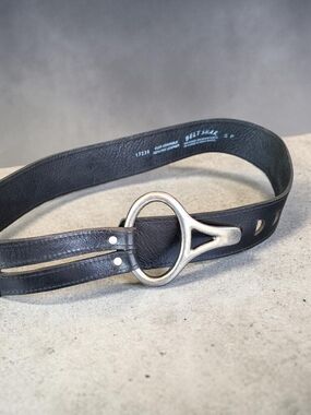 Black Leather Large Belt Shak with Silver Round Ring Buckle Made In Canada Small